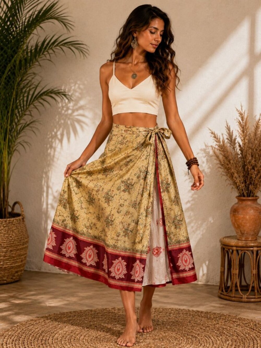 Reversible Sari Silk Magic Wrap Skirt Boho Festival Hippie Gypsy Midi OS